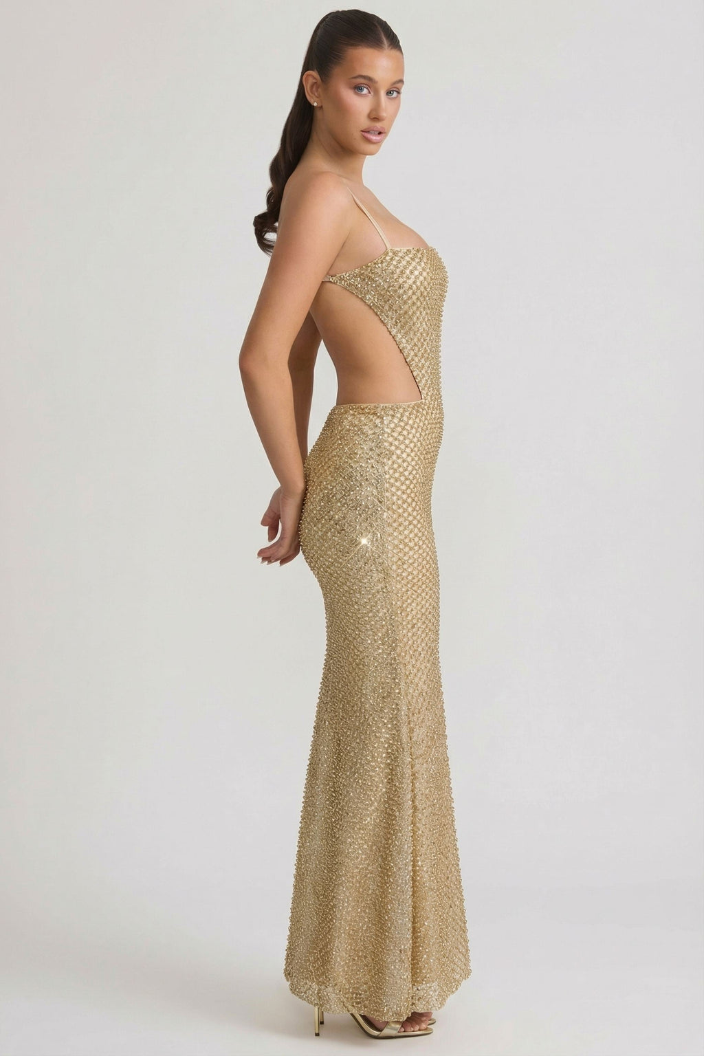 Embellished Cut-Out Gown in Gold