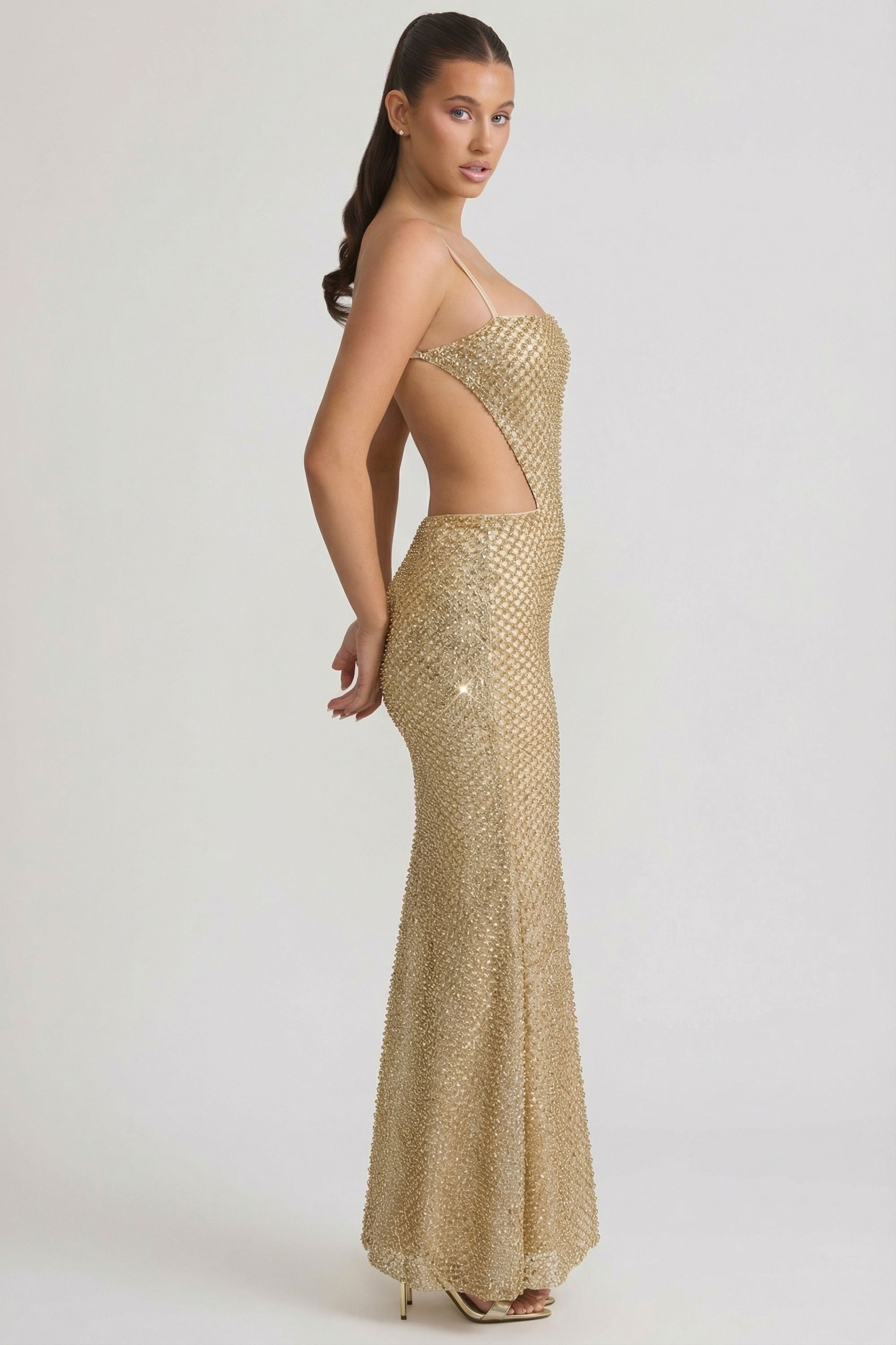 Embellished Cut-Out Gown in Gold
