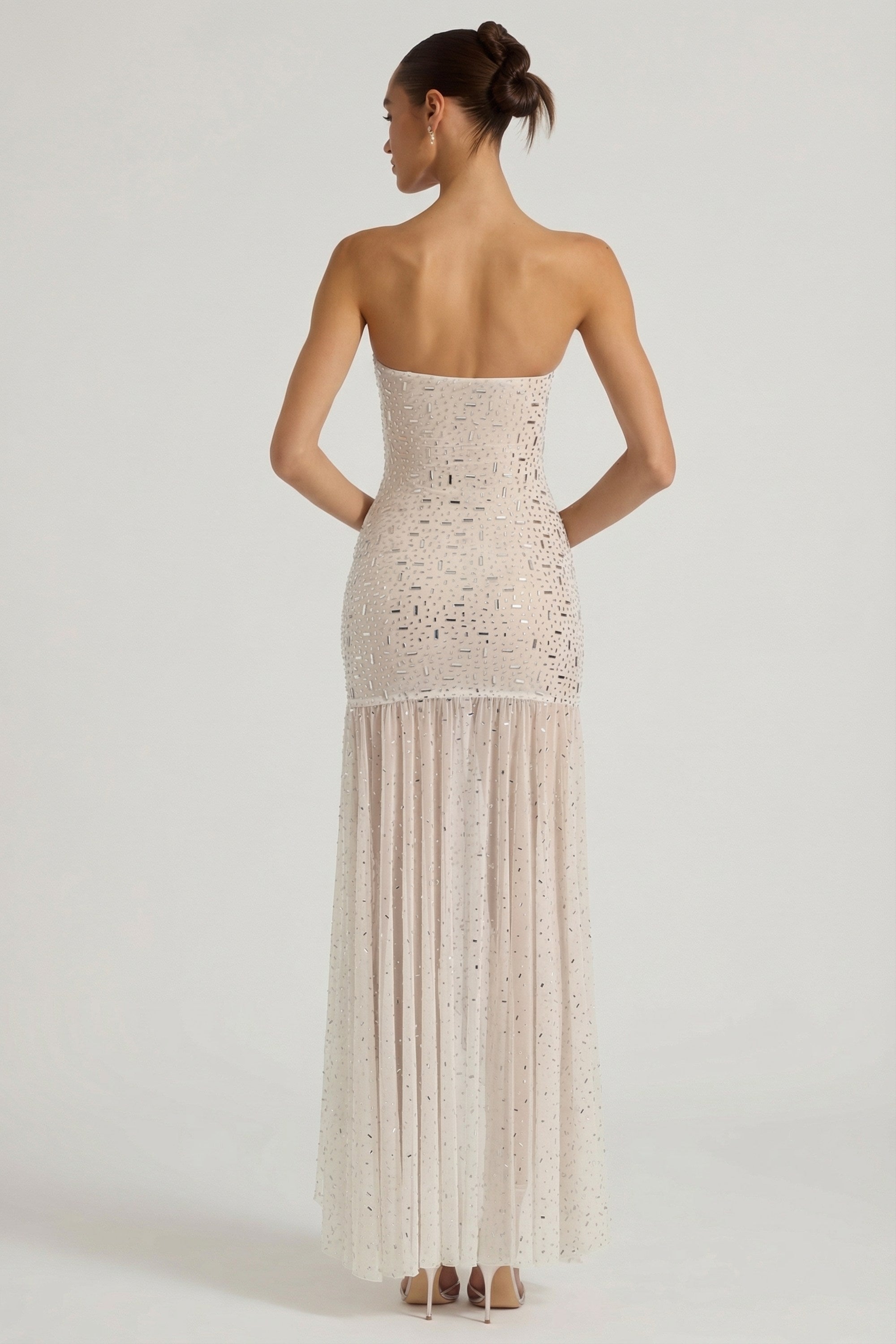 Semi-Sheer Embellished Asymmetric Maxi Dress in White