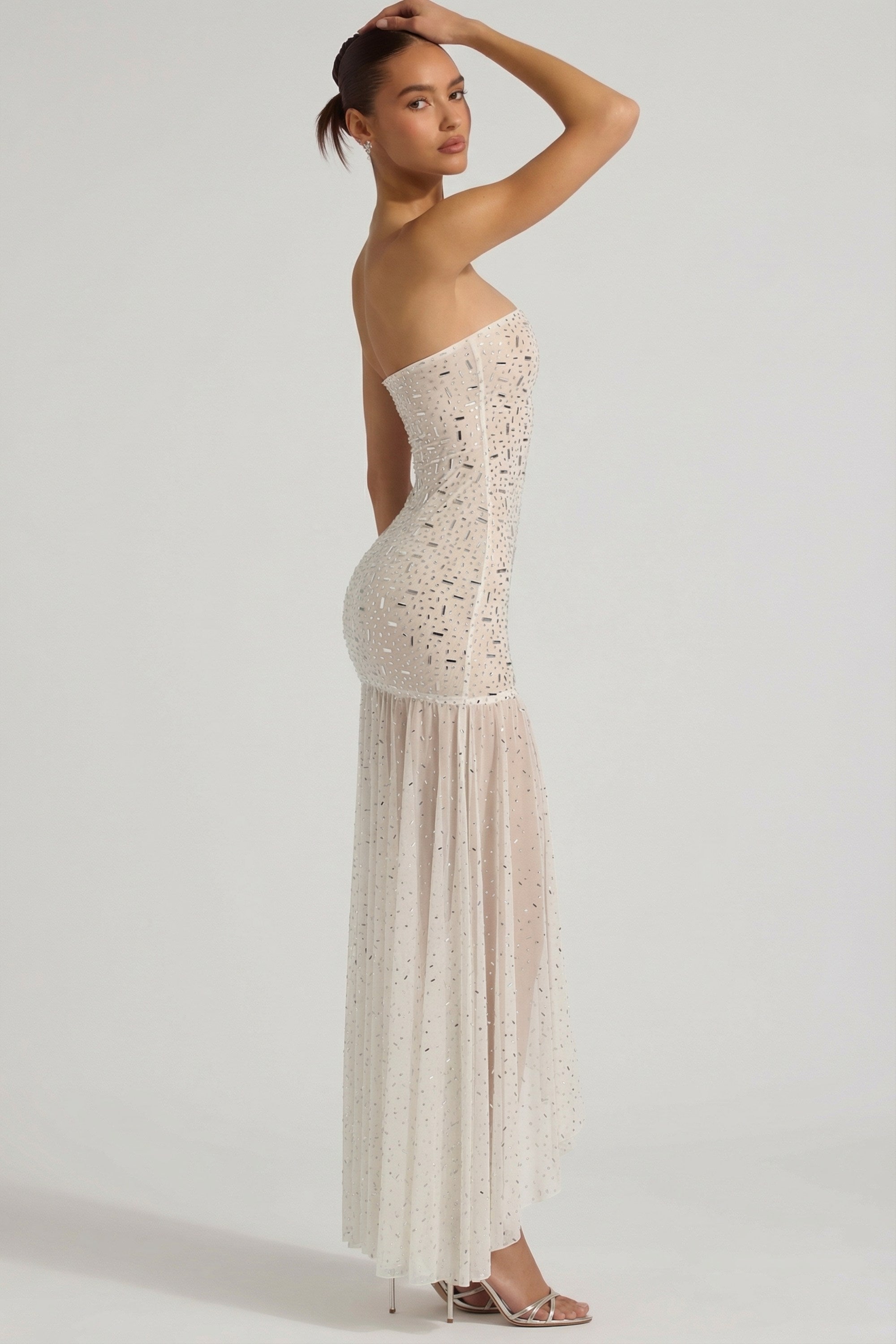 Semi-Sheer Embellished Asymmetric Maxi Dress in White