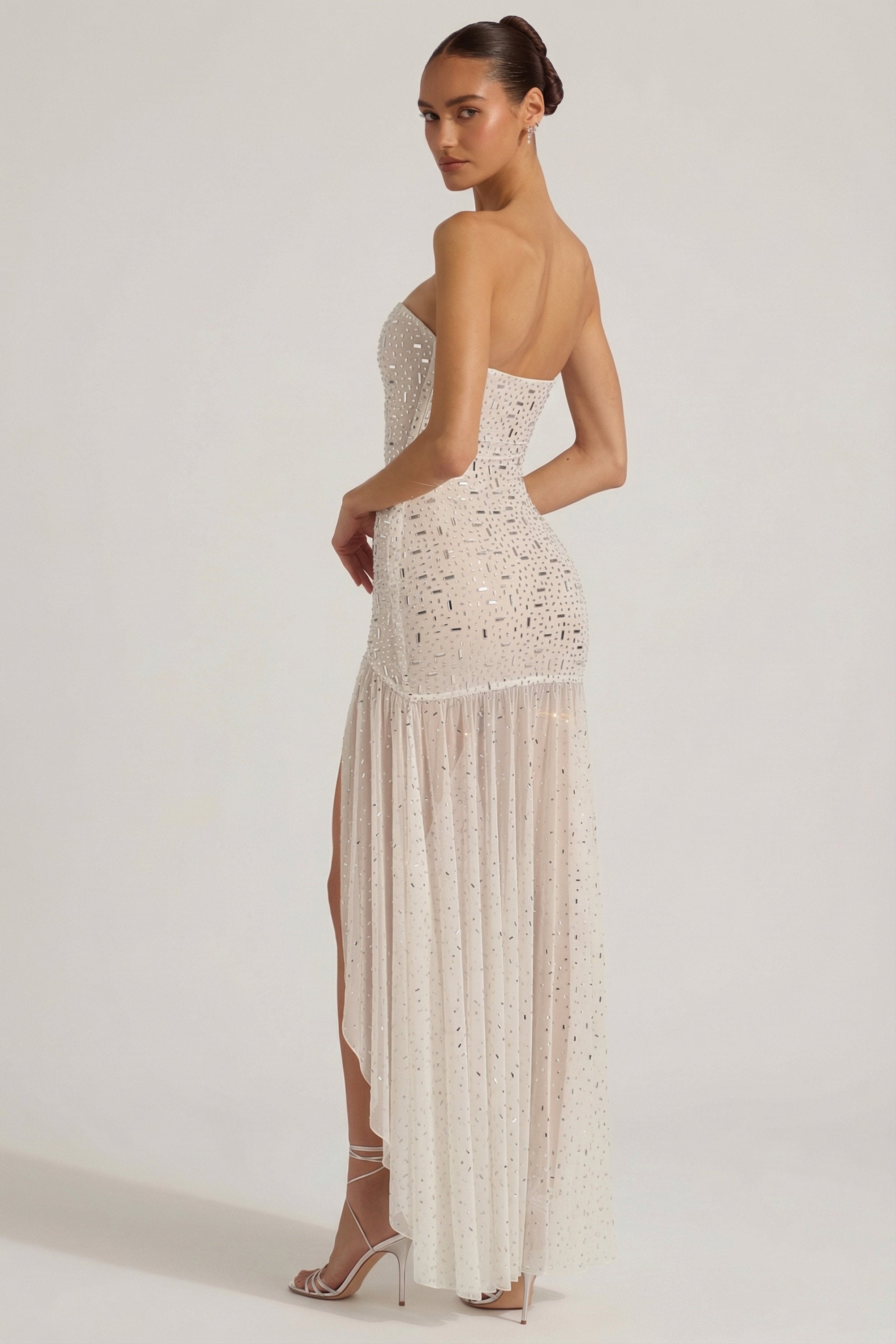 Semi-Sheer Embellished Asymmetric Maxi Dress in White