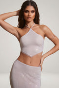 Embellished Open Back Crop Top in Silver