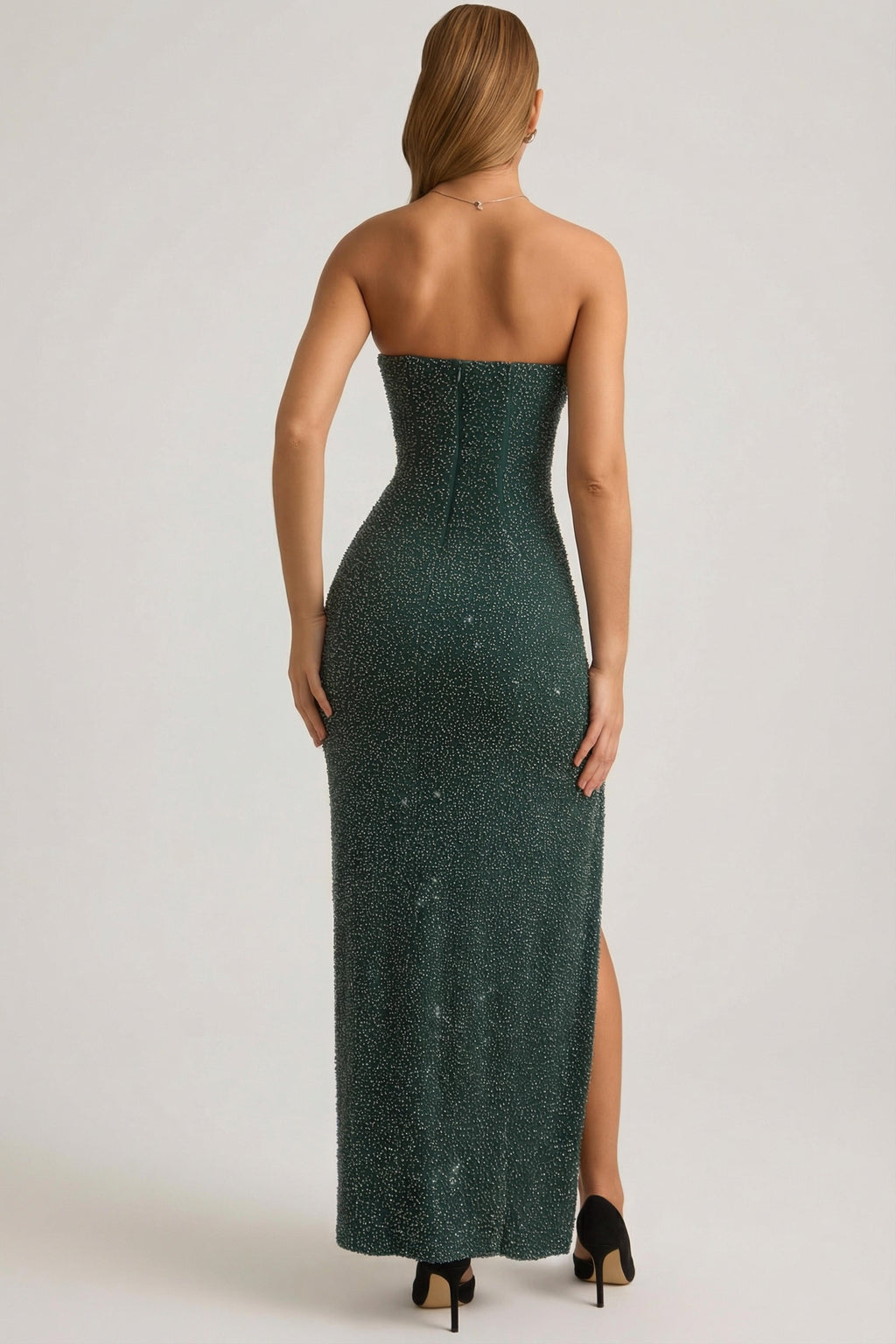 Embellished Strapless Cowl-Neck Maxi Dress in Emerald Green