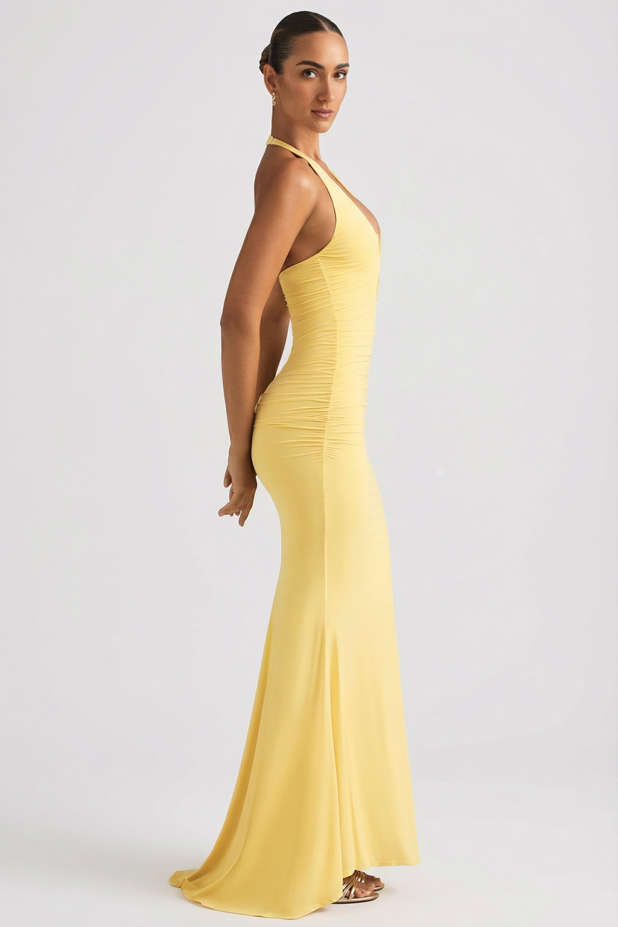 Ruched Backless Halterneck Gown in Pastel Yellow