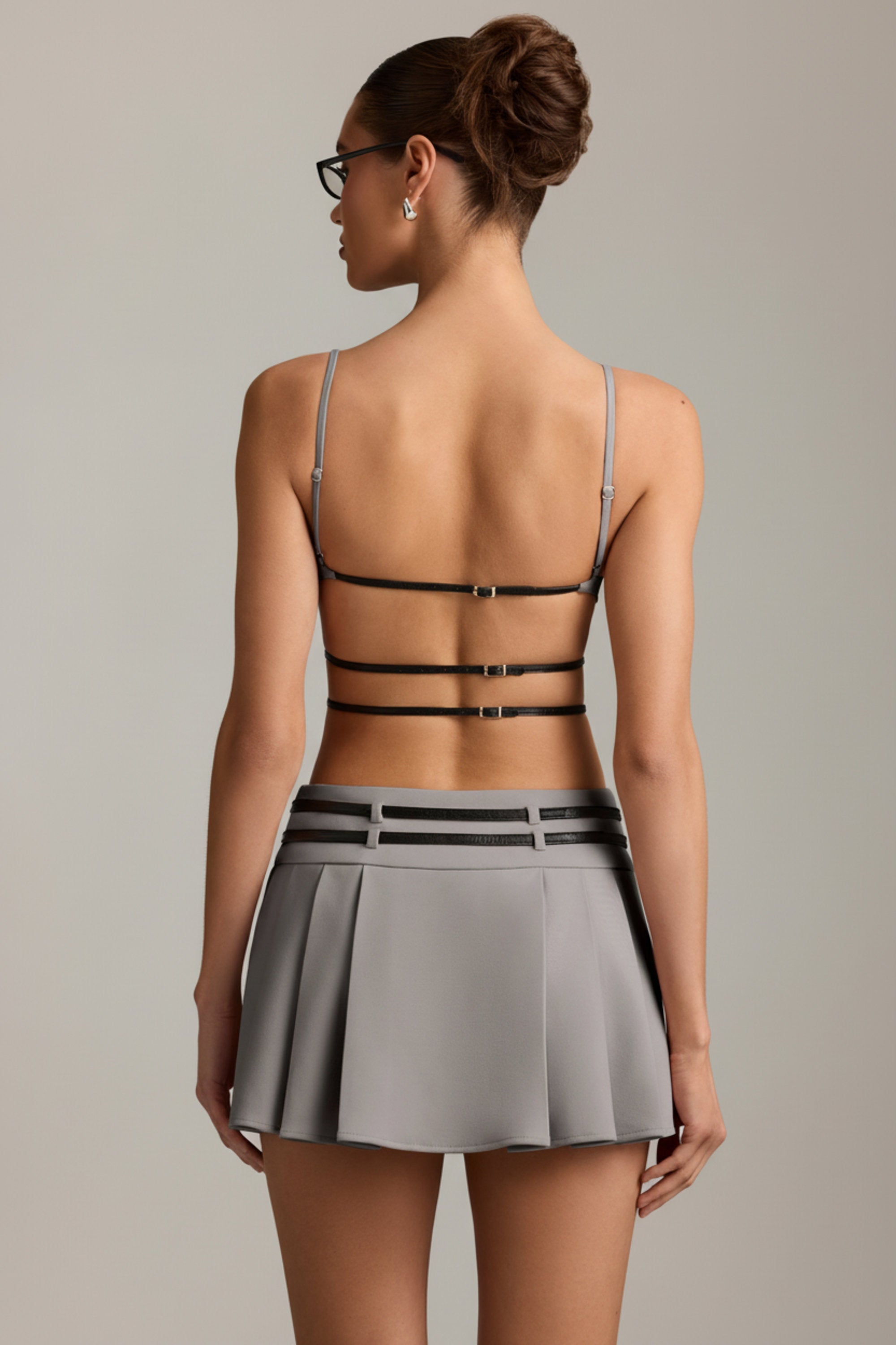 Belted Backless Pleated Mini Dress in Grey