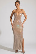 Embellished Strapless Plunge Gown in Almond