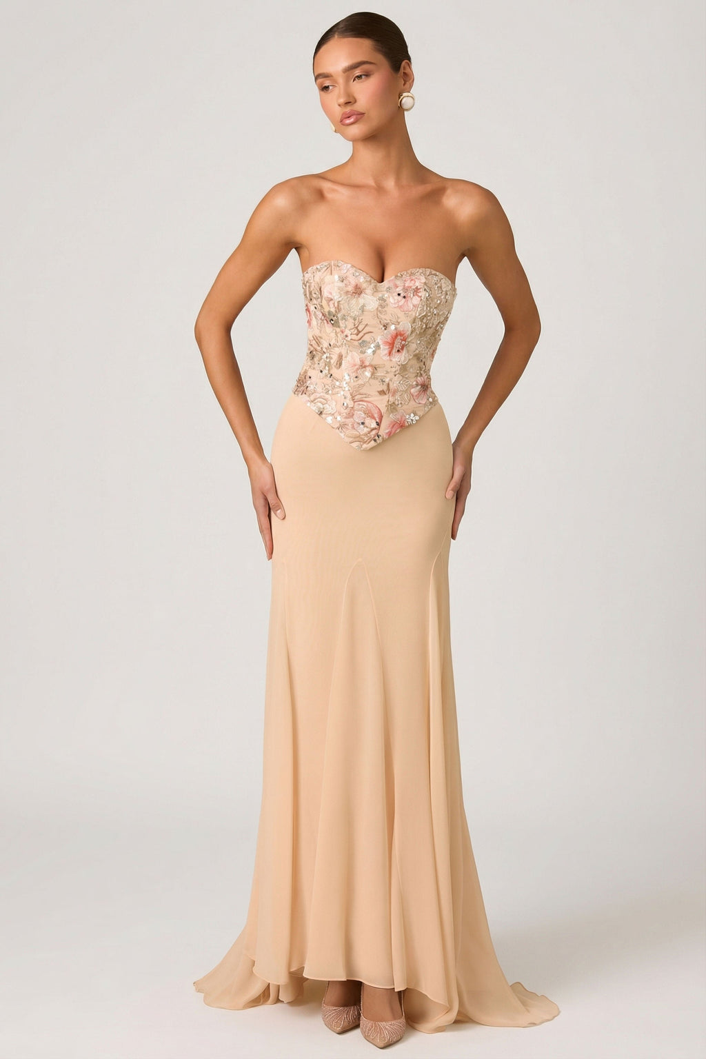 Embellished Corset Fishtail Gown in Floral Beige