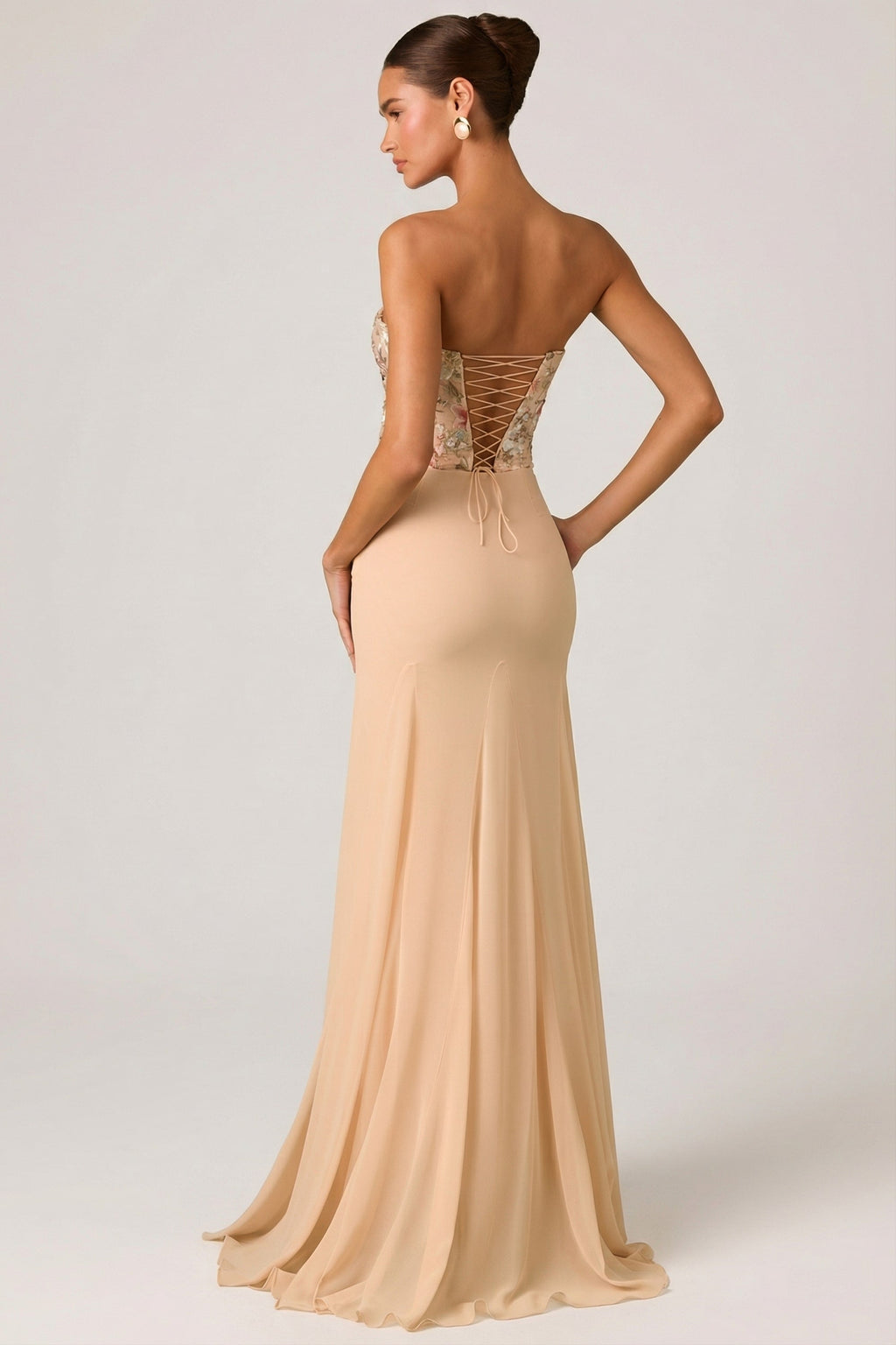 Embellished Corset Fishtail Gown in Floral Beige