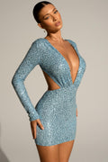 Embellished Cut-Out Mini Dress in Light Blue