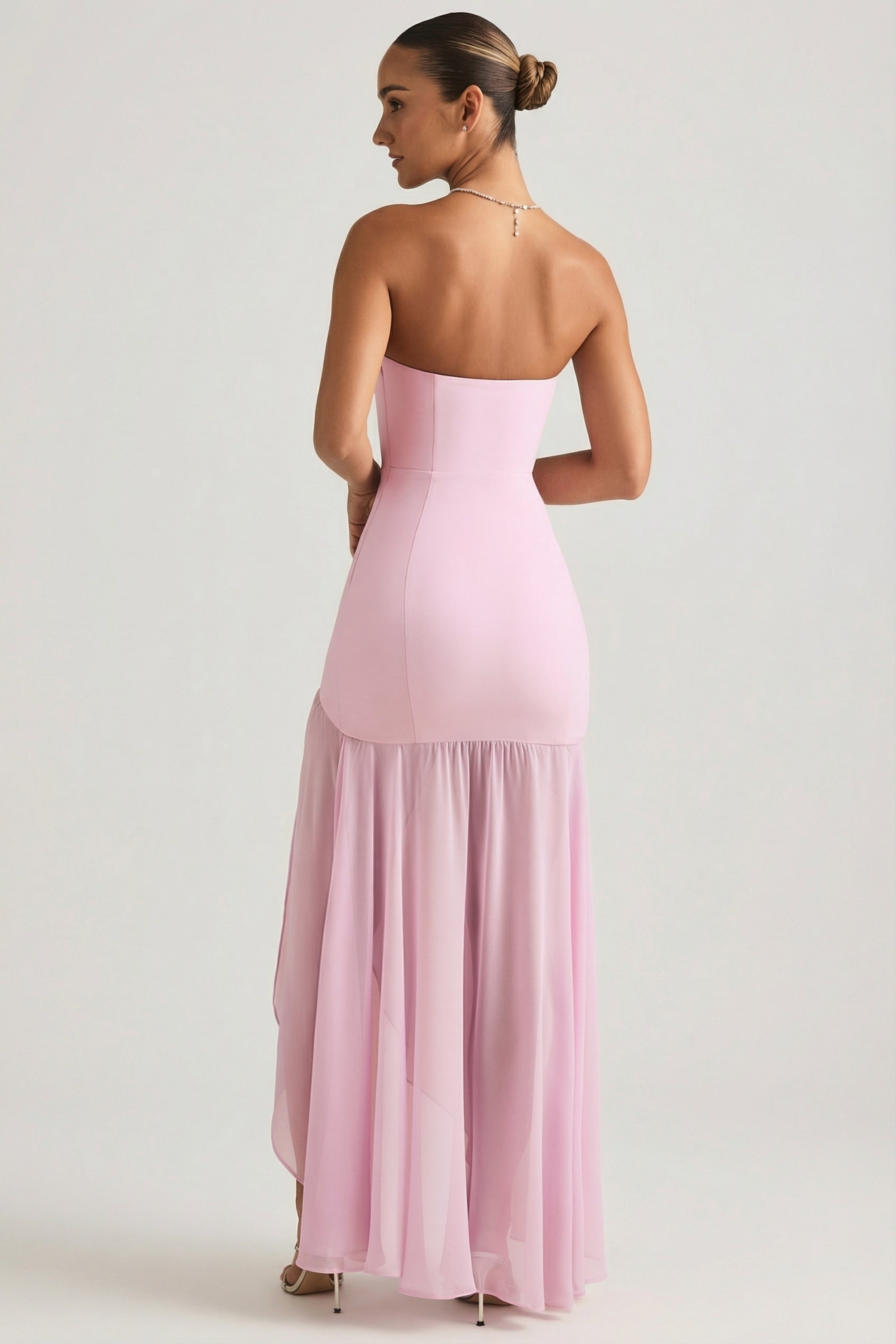 Asymmetric Strapless Fishtail Maxi Dress in Soft Pink