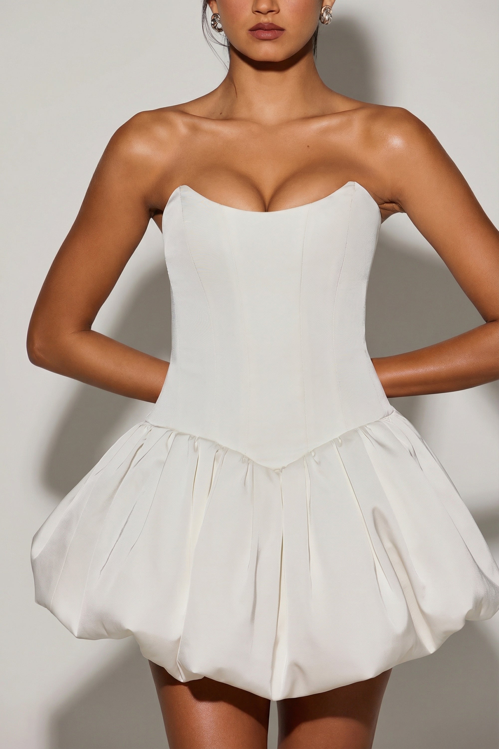 Lace-Up Bubble Hem Corset Micro Mini Dress in White
