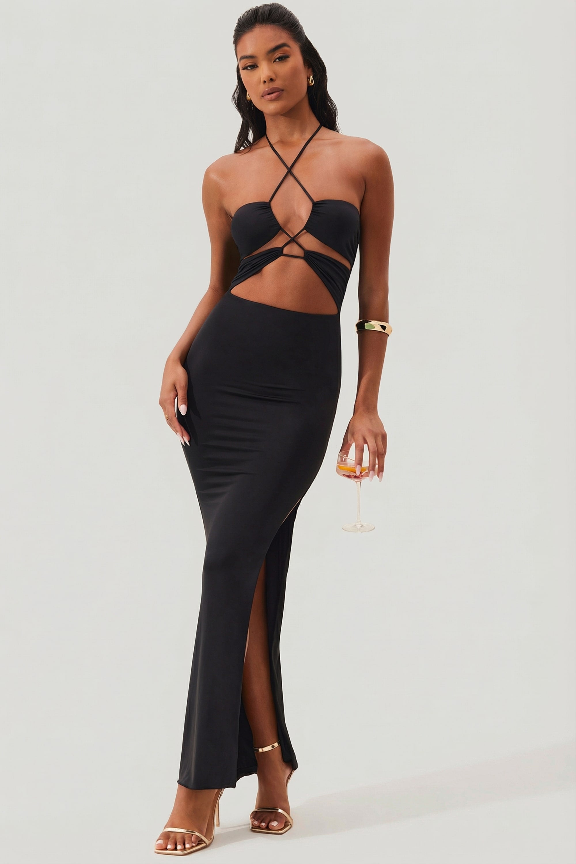 Cut Out Halter Neck Floor Length Maxi Dress in Black