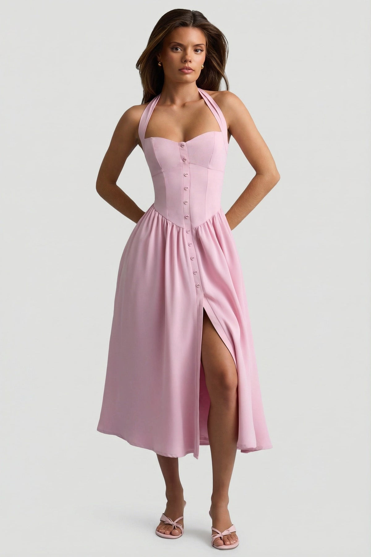 Button-Detail Halterneck Midaxi Dress in Soft Pink