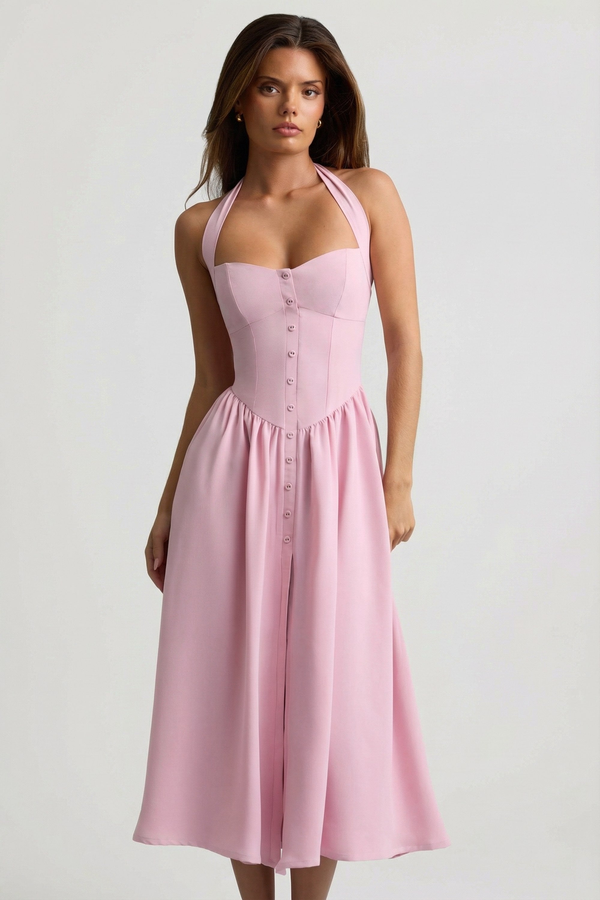 Button-Detail Halterneck Midaxi Dress in Soft Pink