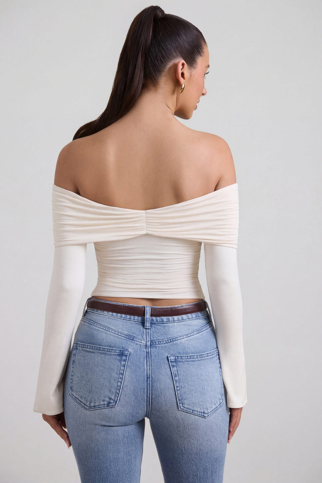 Modal-Cashmere Blend Off-Shoulder Ruched Top in Ivory