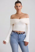 Modal-Cashmere Blend Off-Shoulder Ruched Top in Ivory