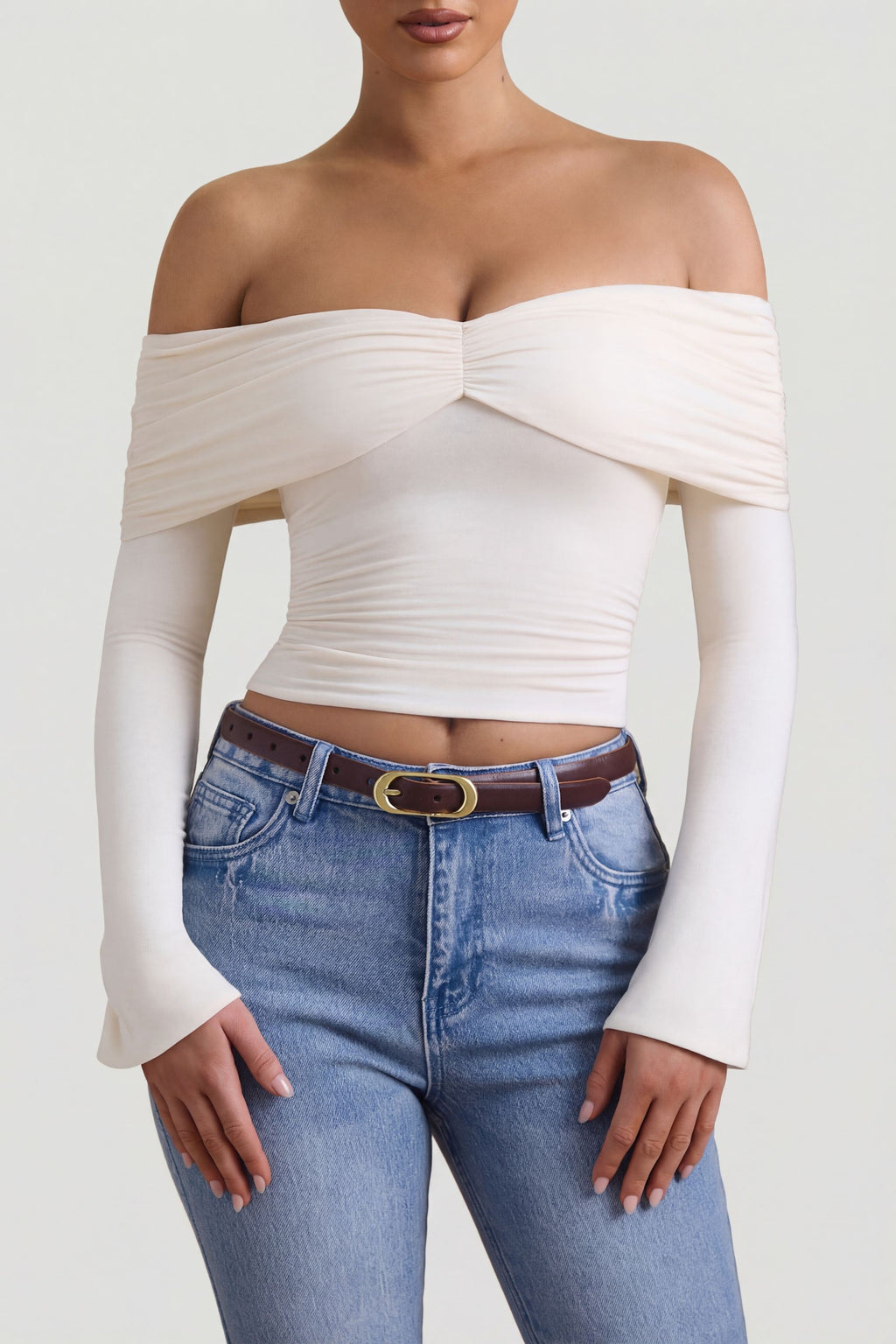 Modal-Cashmere Blend Off-Shoulder Ruched Top in Ivory