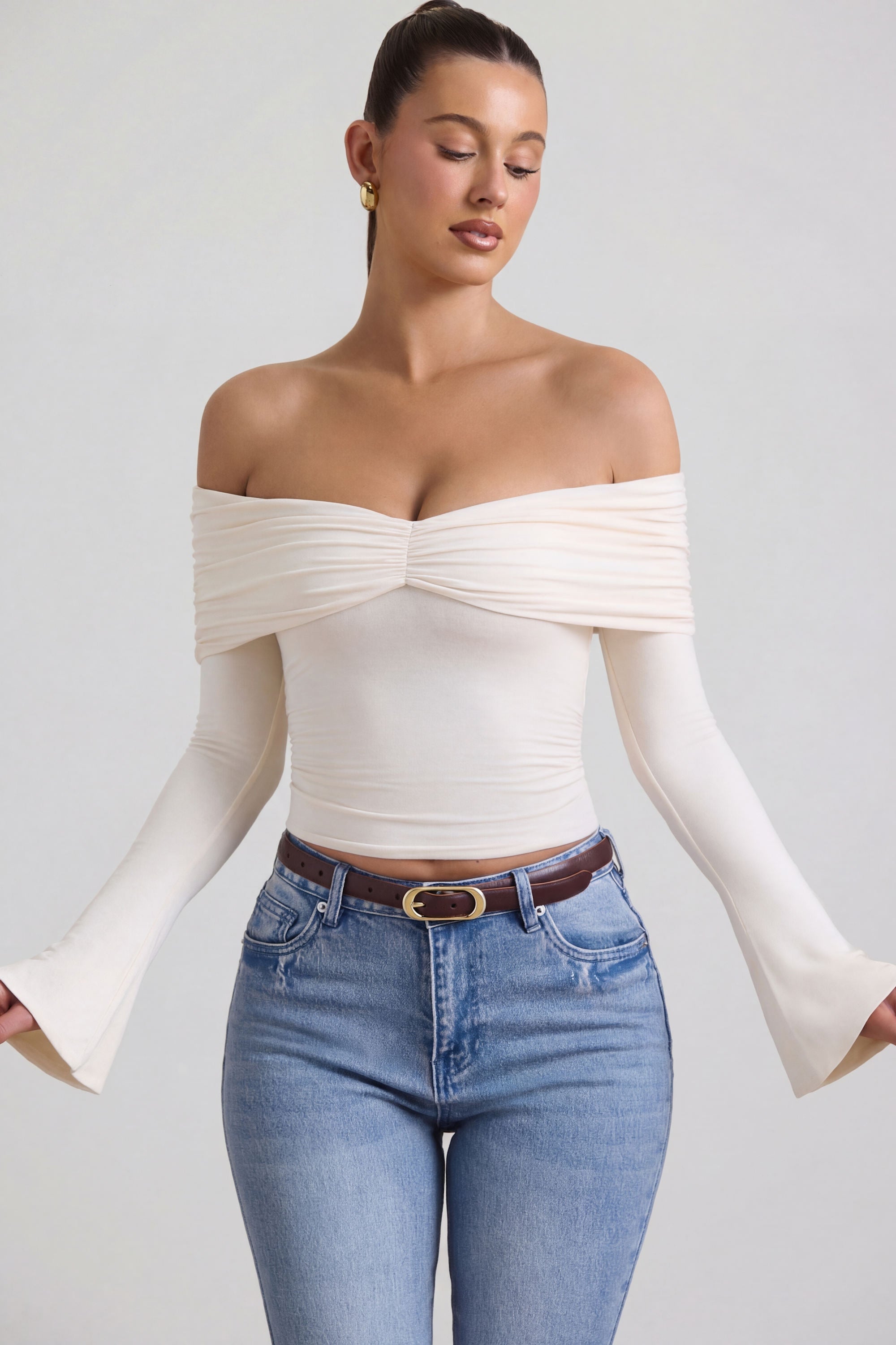 Modal-Cashmere Blend Off-Shoulder Ruched Top in Ivory