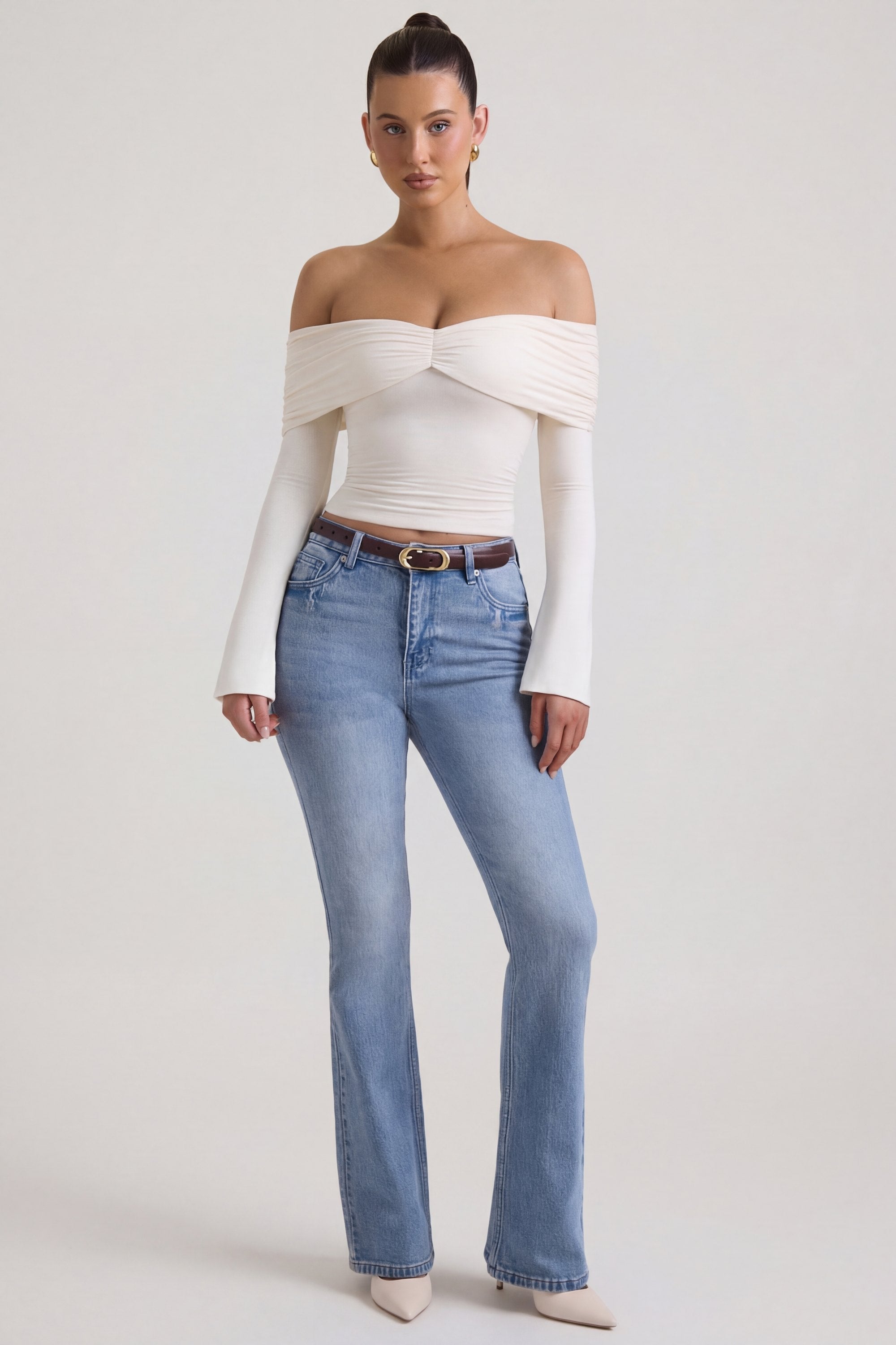 Modal-Cashmere Blend Off-Shoulder Ruched Top in Ivory