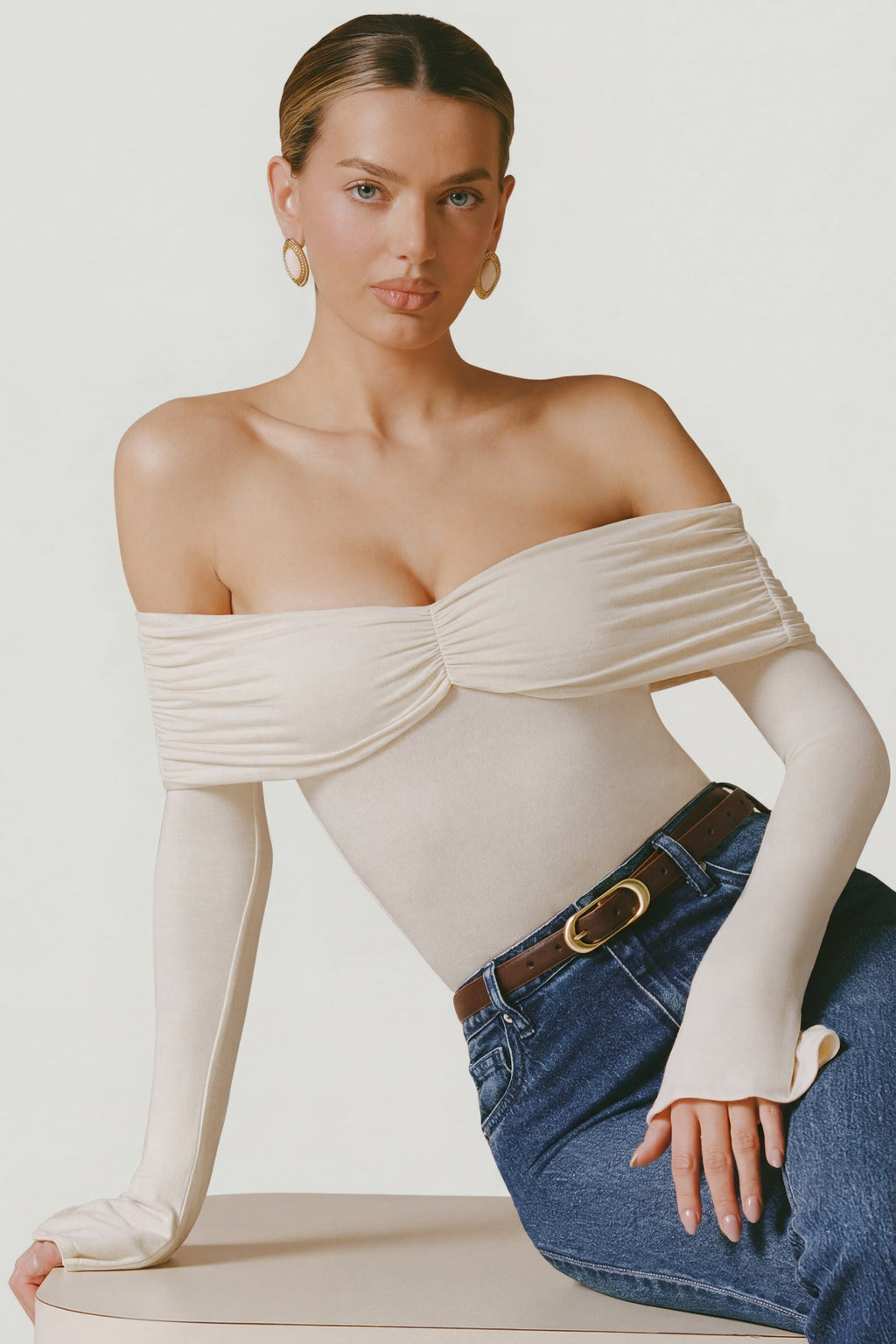 Modal-Cashmere Blend Off-Shoulder Ruched Top in Ivory