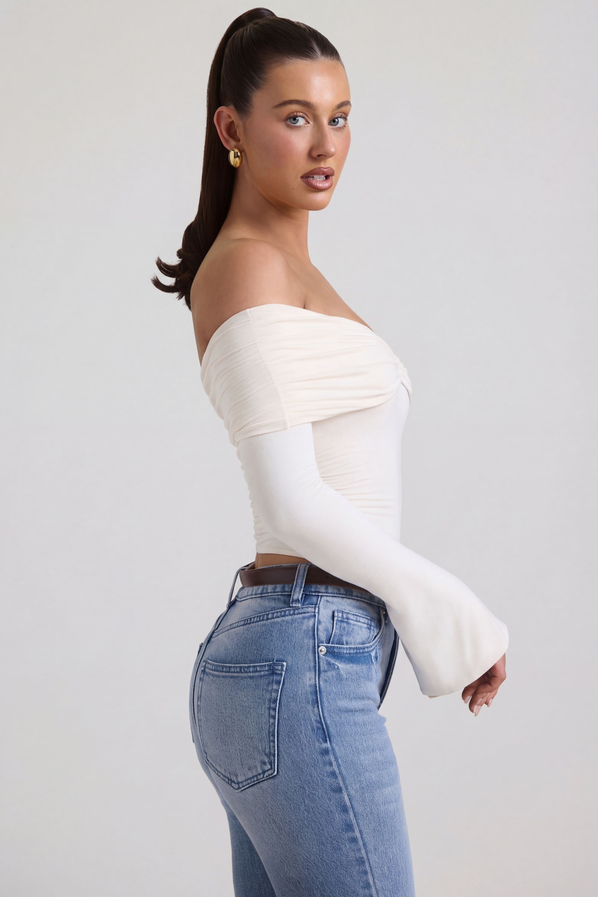 Modal-Cashmere Blend Off-Shoulder Ruched Top in Ivory