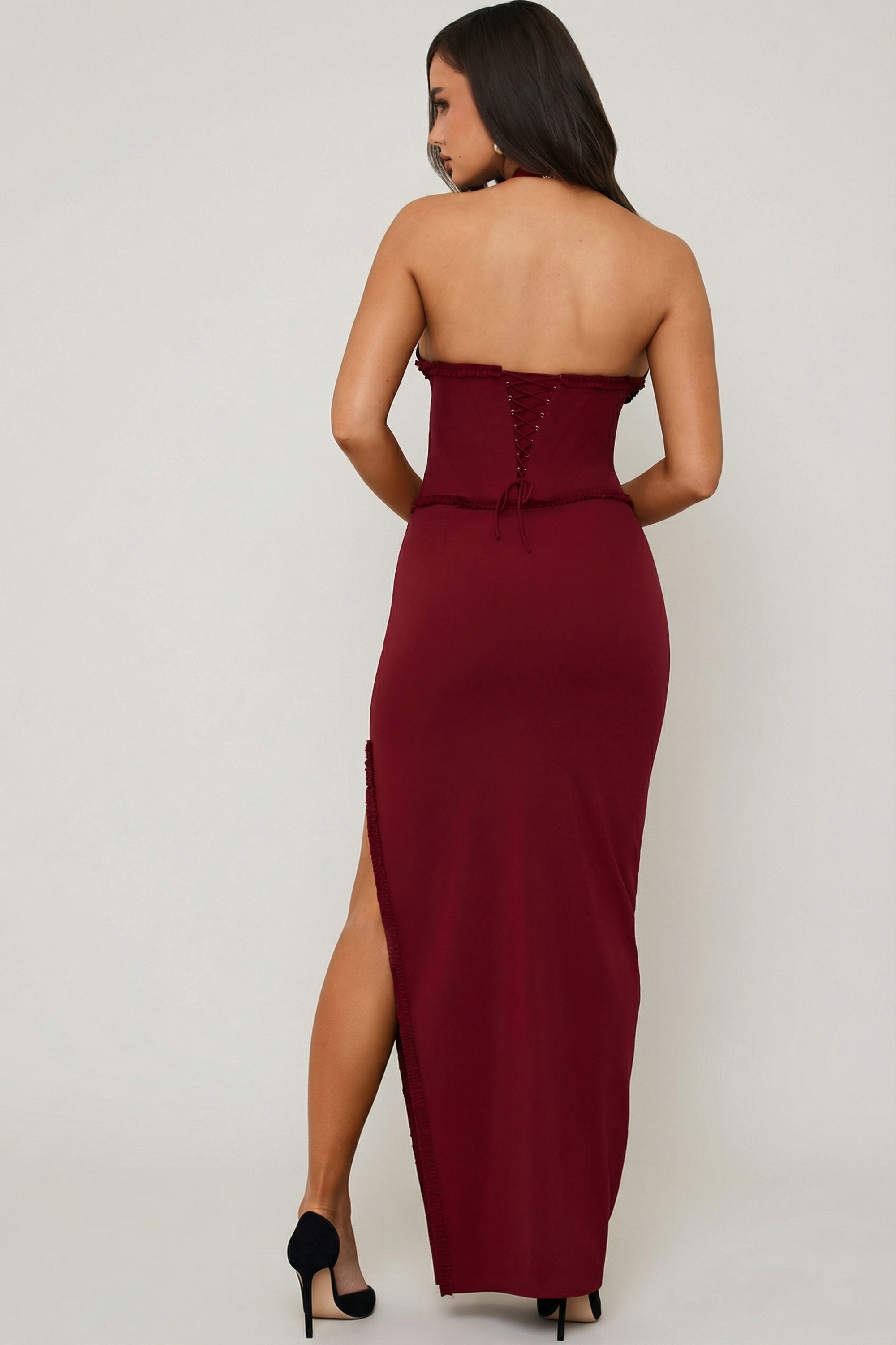 Halterneck Lace-Up Corset Maxi Dress in Berry Red
