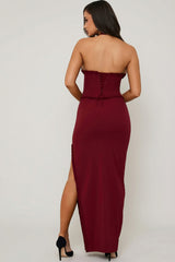 Halterneck Lace-Up Corset Maxi Dress in Berry Red