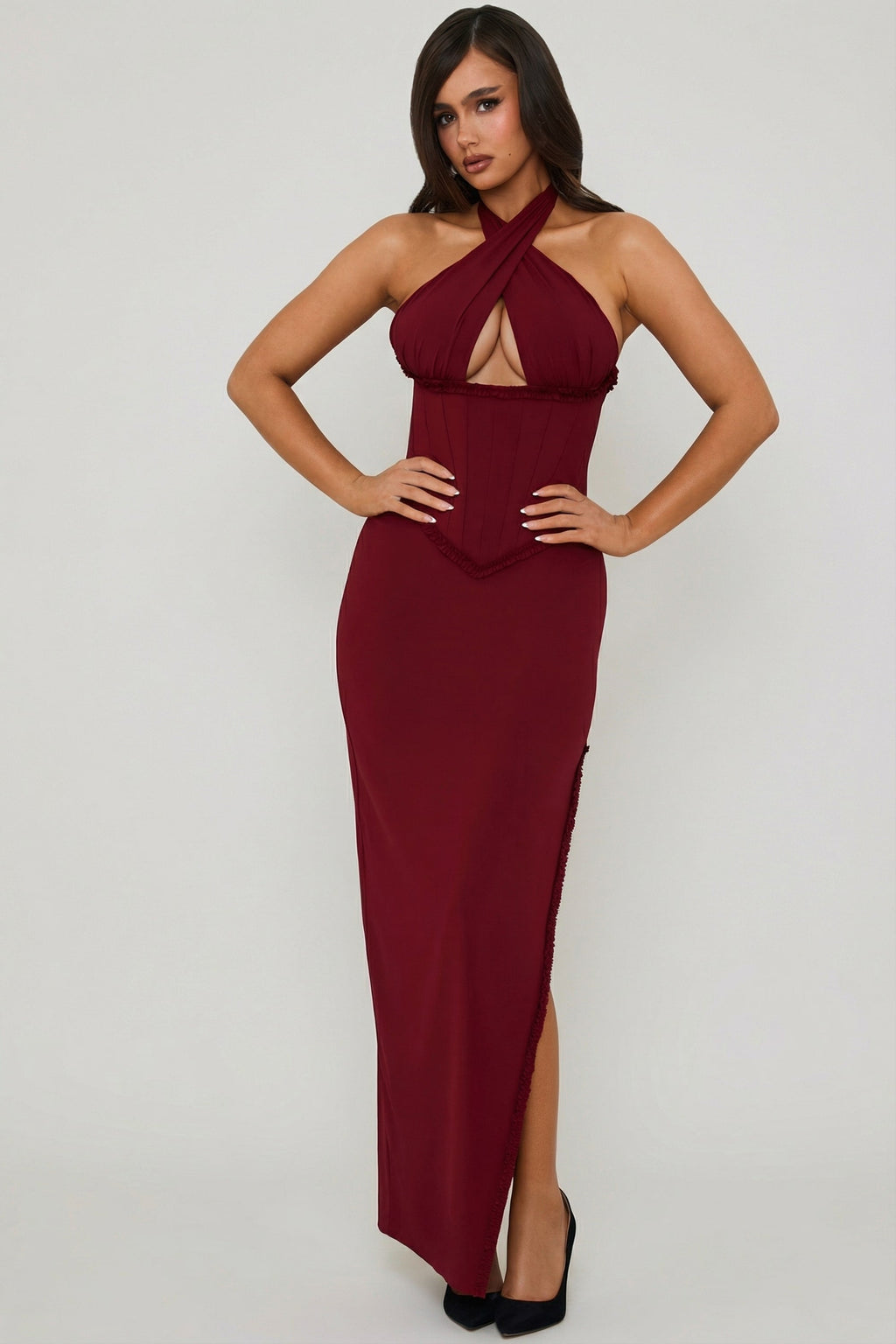 Halterneck Lace-Up Corset Maxi Dress in Berry Red