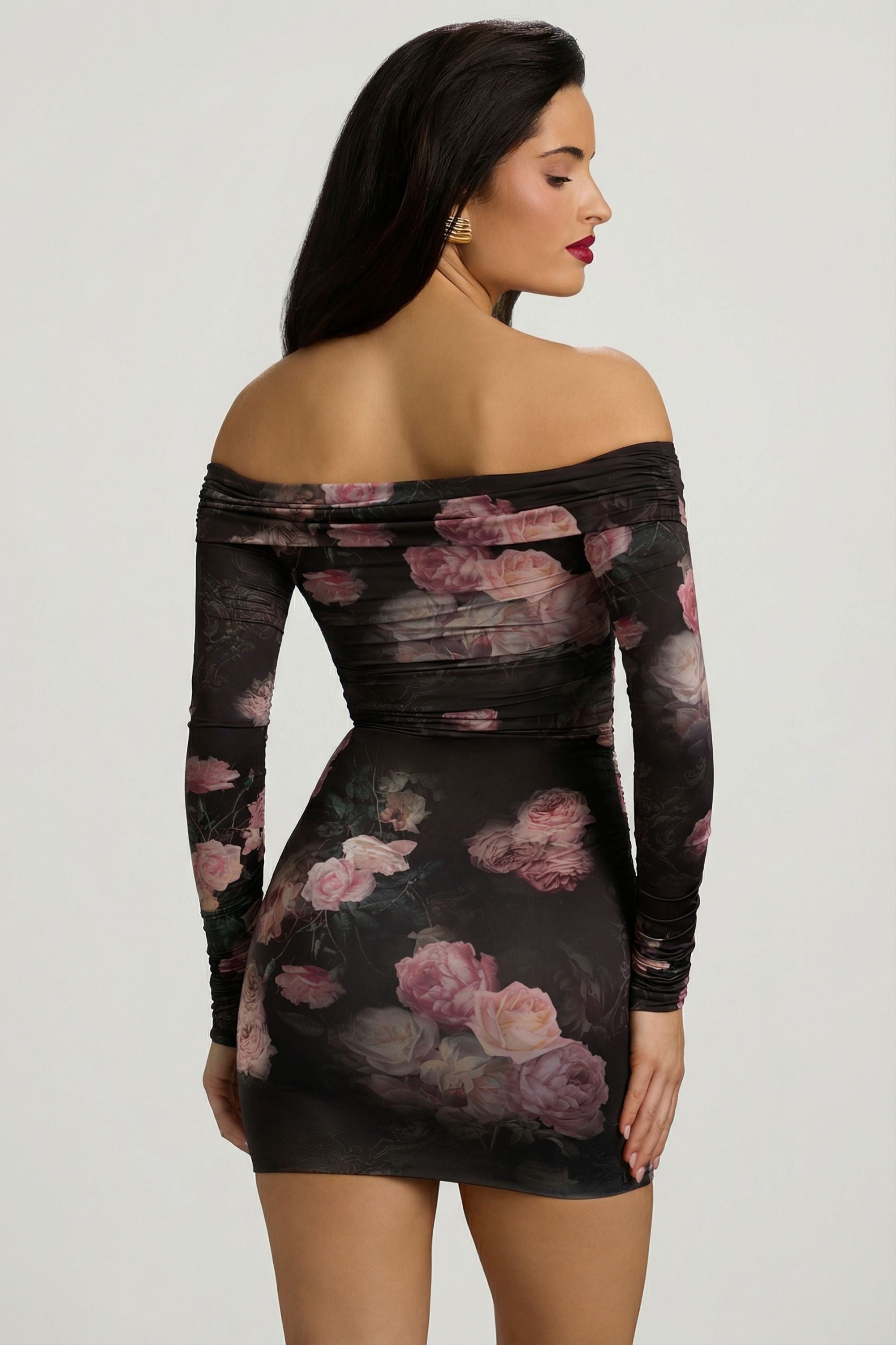 Off-Shoulder Ruched Bodycon Mini Dress in Black Floral Print