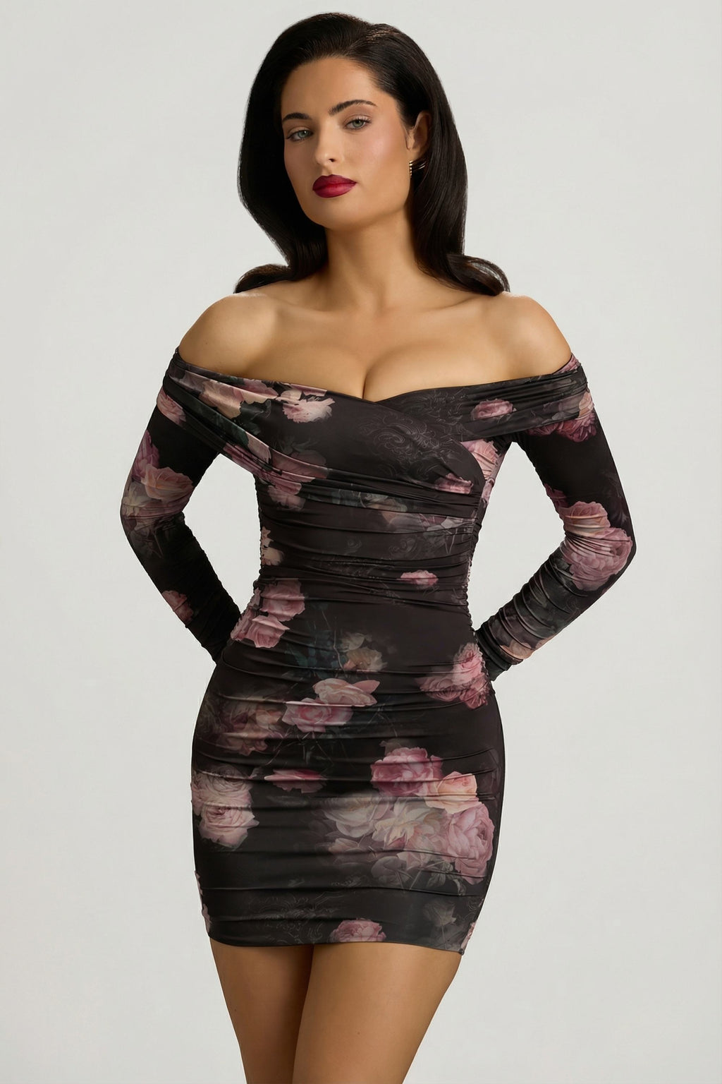 Off-Shoulder Ruched Bodycon Mini Dress in Black Floral Print