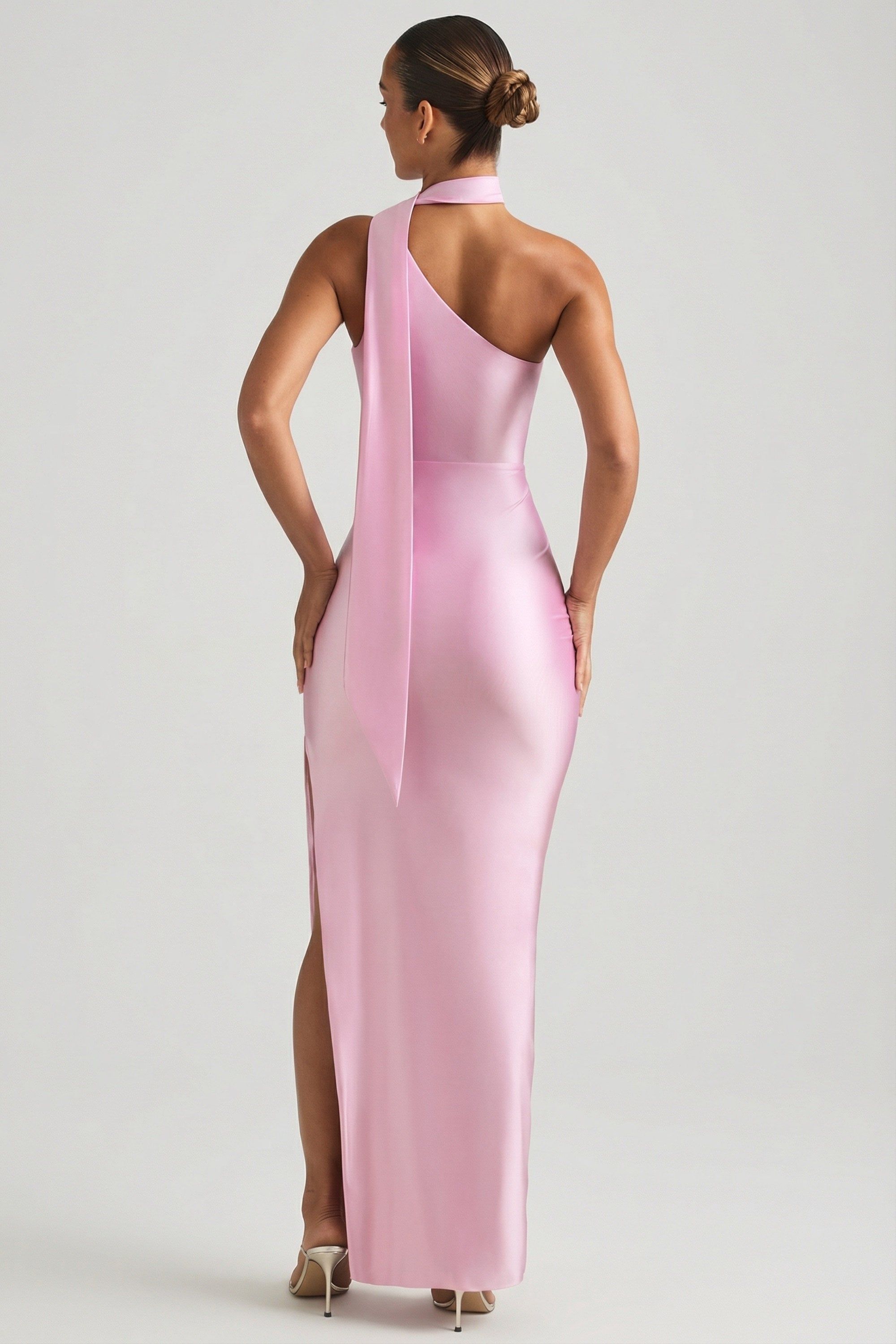 Asymmetric Scarf-Detail Maxi Dress in Soft Pink