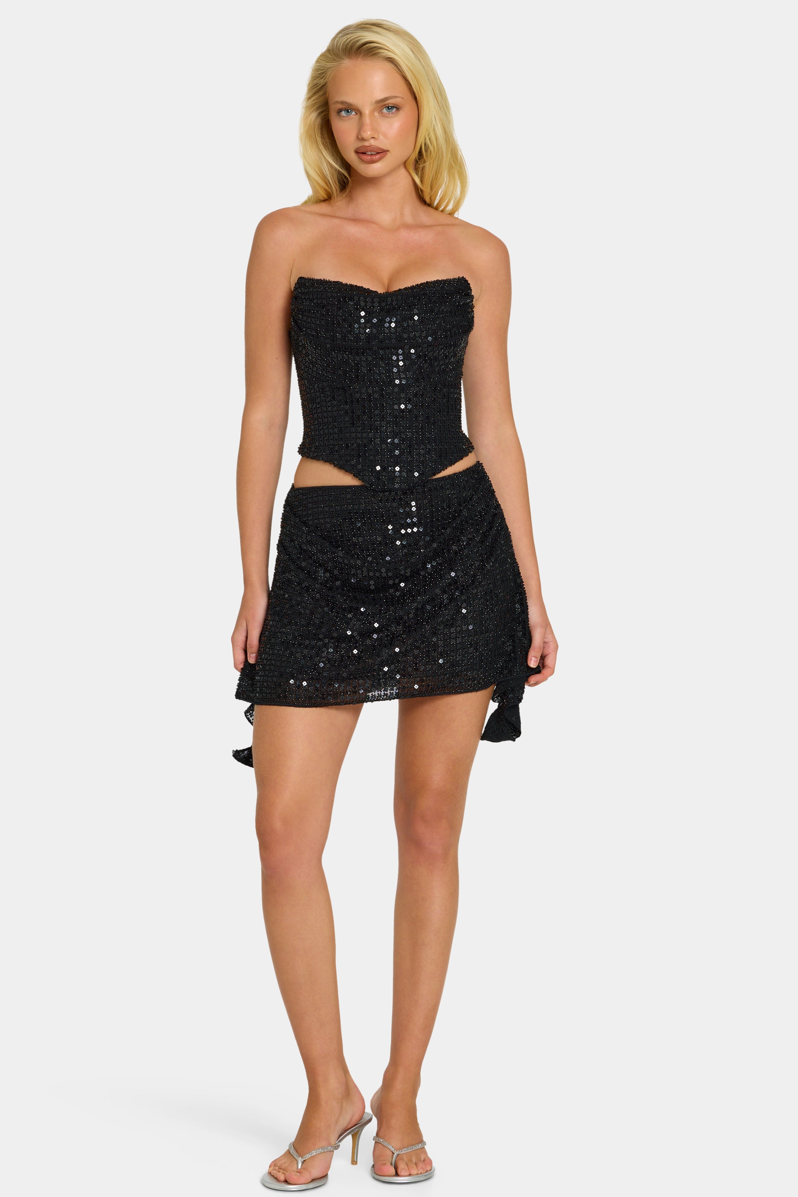 Embellished Draped Mid-Rise Mini Skirt in Black