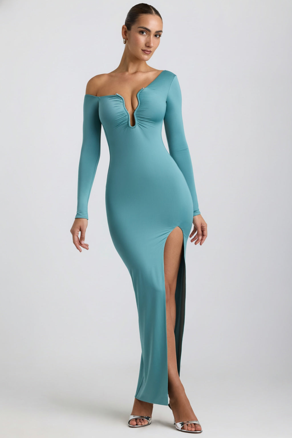 Slinky Jersey Asymmetric Ruched Hardware Detail Maxi Dress in Sea Green