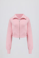 Ribbed Knit Zip-Up Cropped Sweatshirt in Pale Pink