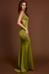 Scoop-Neck Lace-up Back Maxi Dress in Olive Green